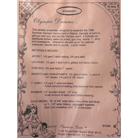 Olympic Dreams Athletic Outfit Pattern 18” Doll Primrose Lane UNCUT Pattern 1996 - Picture 5 of 7